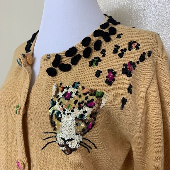 Storybook Knit Embellished Sequined Cheetah Cardigan Small Tan - Picture 5 of 13